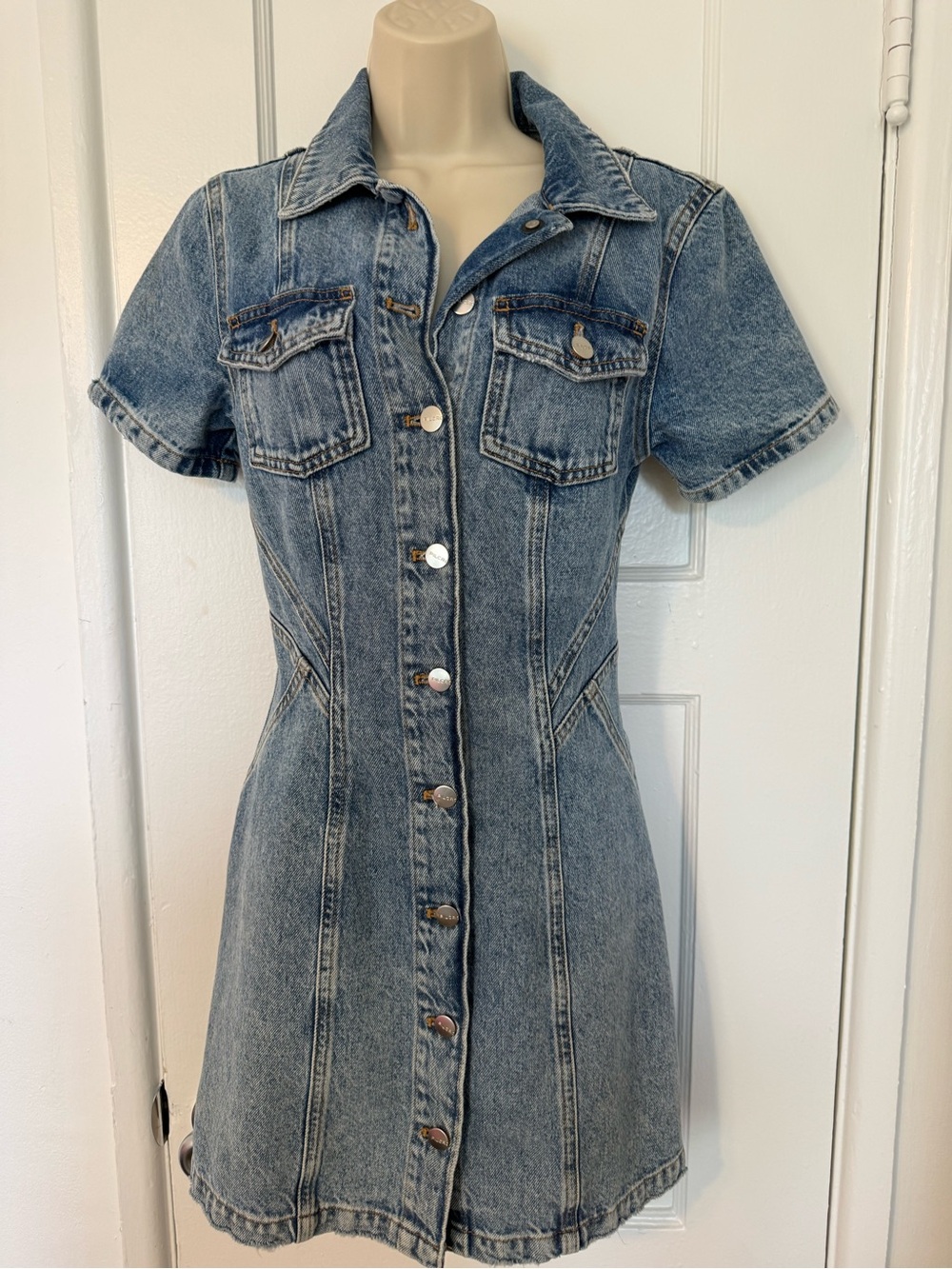 Anthropologie Short-Sleeve Denim Button Front Mini Dress